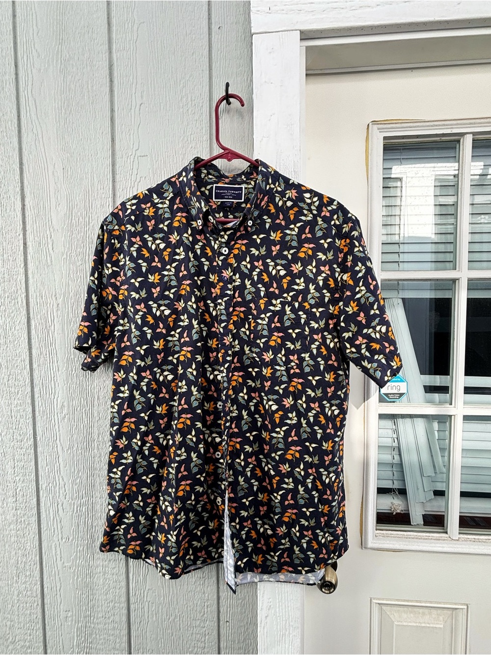 Charles Tyrwhitt Navy Short-Sleeve Button-Down Shirt with Floral Print Large